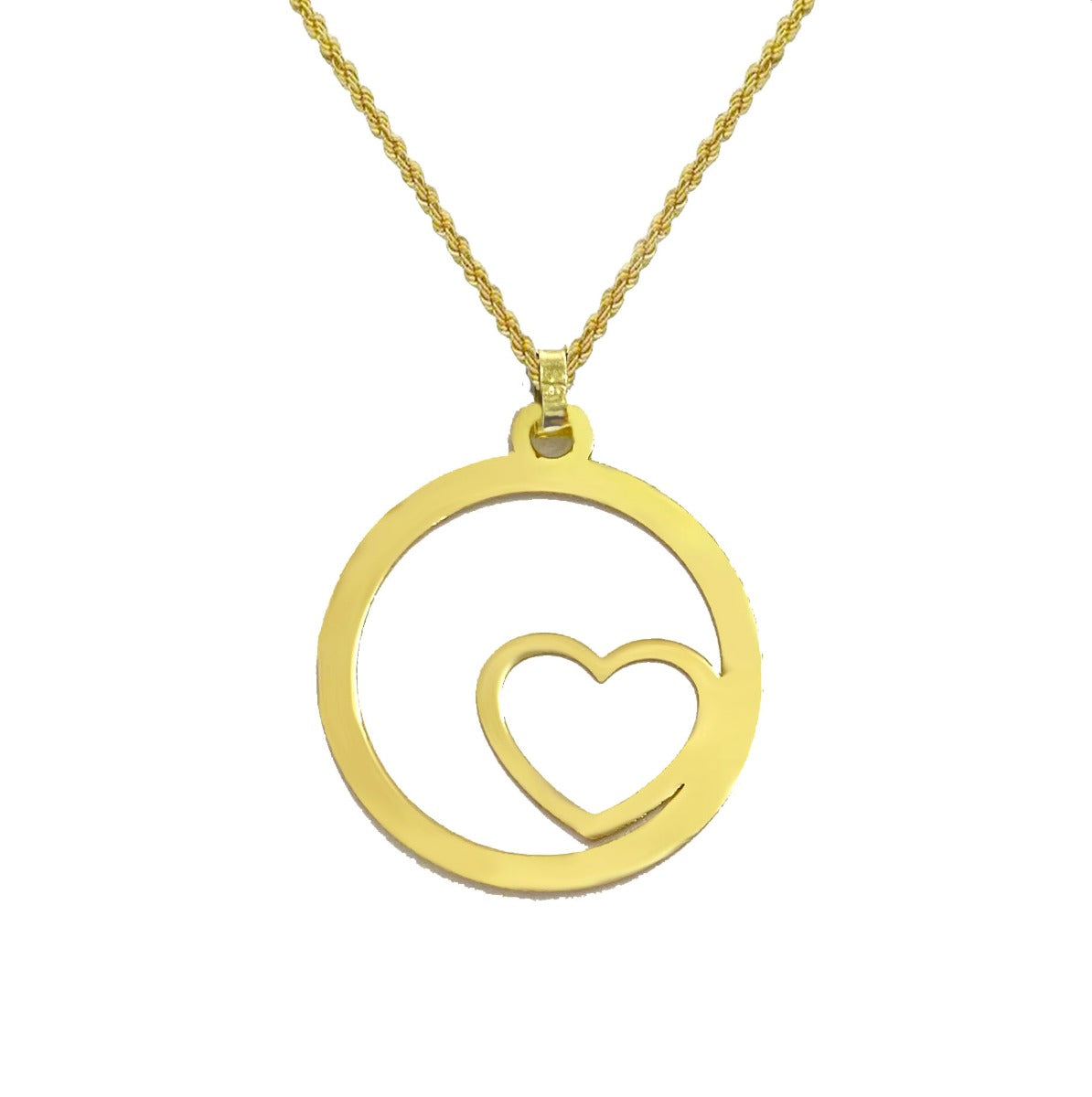 18K Pure Gold Circle w/ Heart Design Pendant Necklace