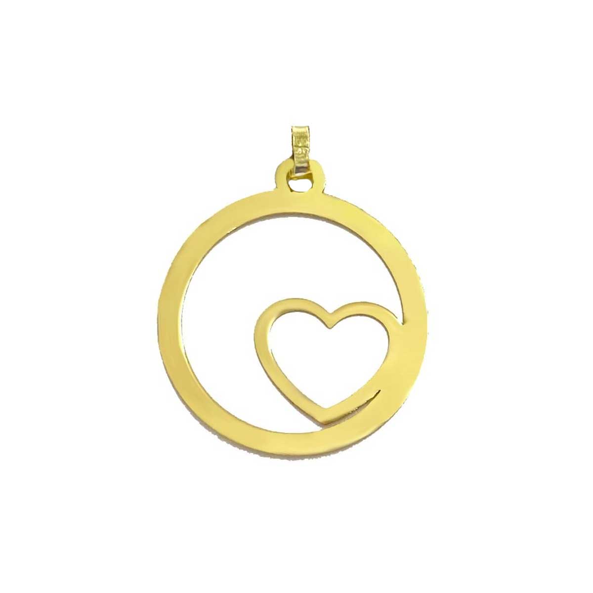 18K Pure Gold Circle w/ Heart Design Pendant Necklace