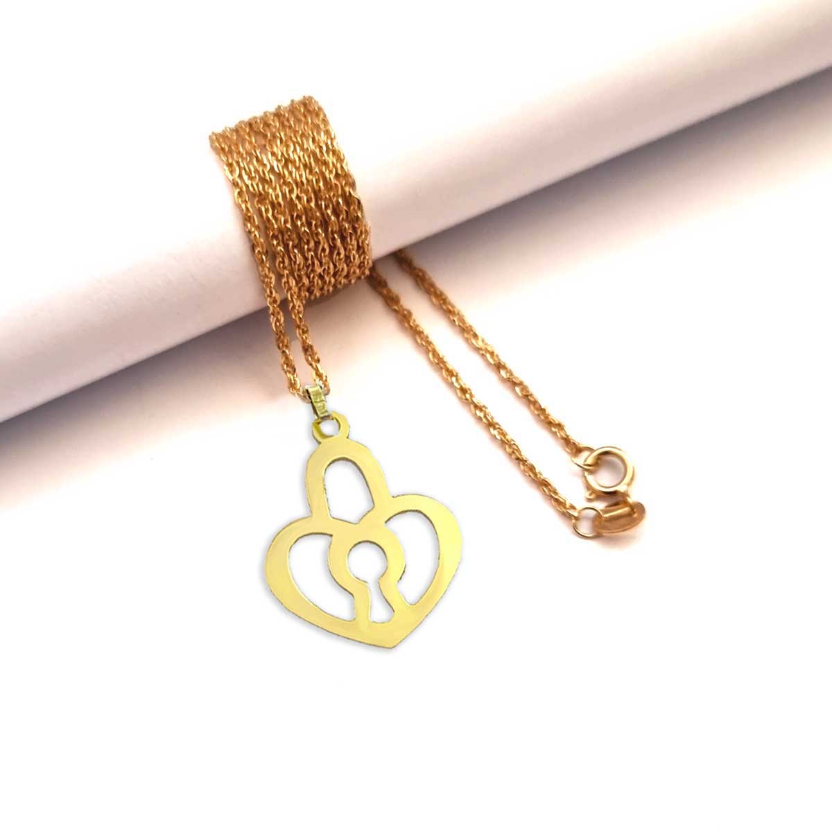 18K Pure Gold Heart Lock Design Pendant Necklace