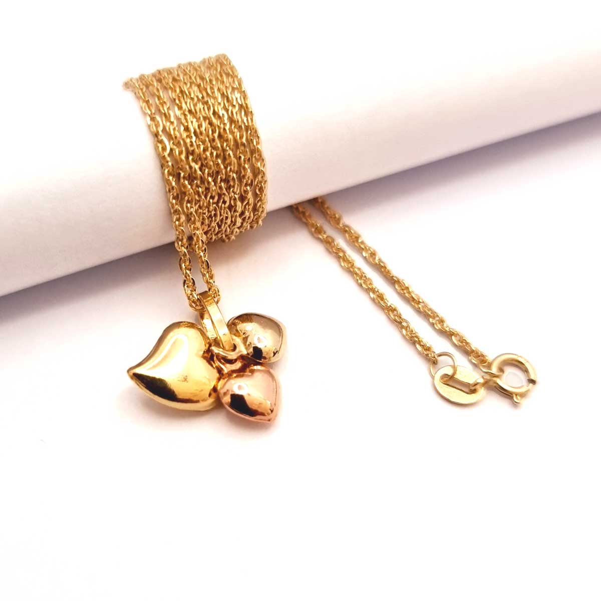 18K Pure Gold Triple Heart Necklace