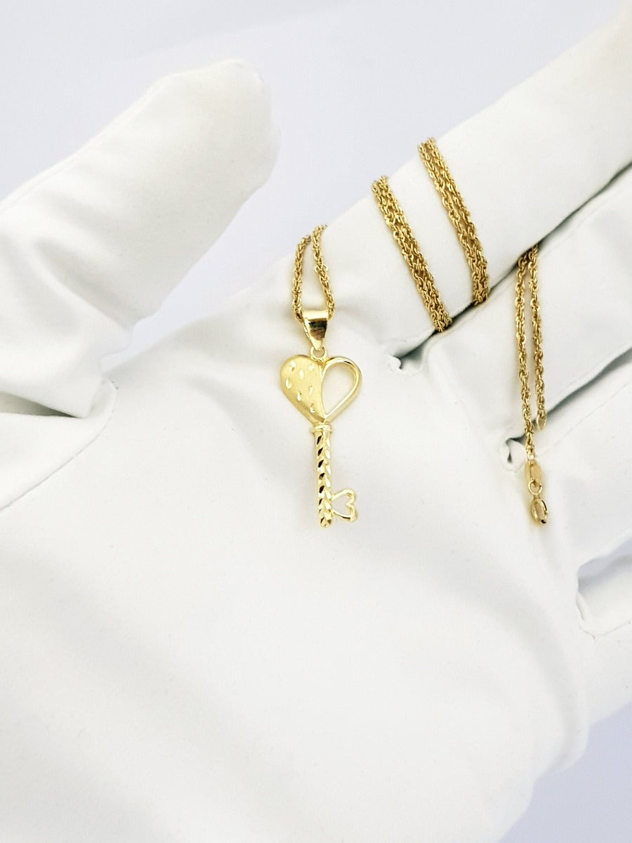 18K Pure Gold Heart Key Necklace