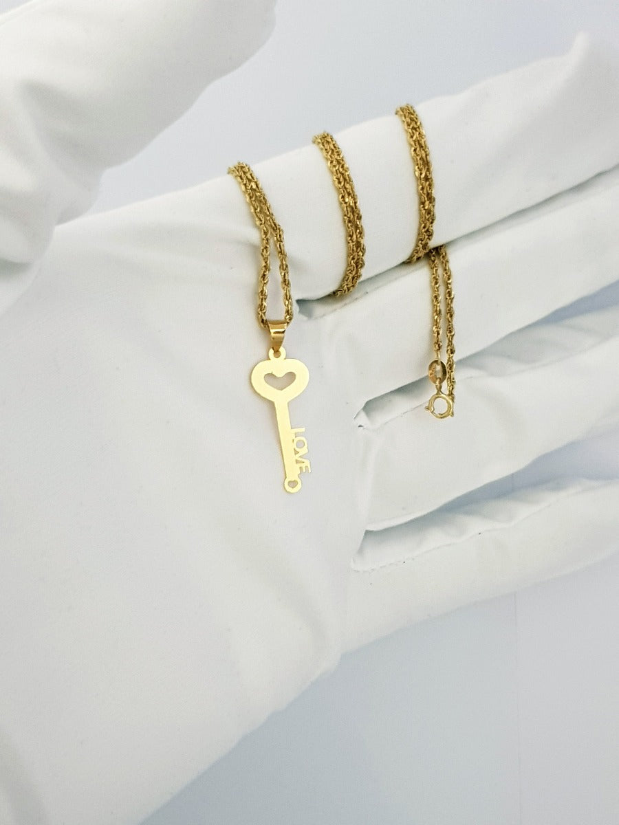 18K Pure Gold Love Heart Key Necklace