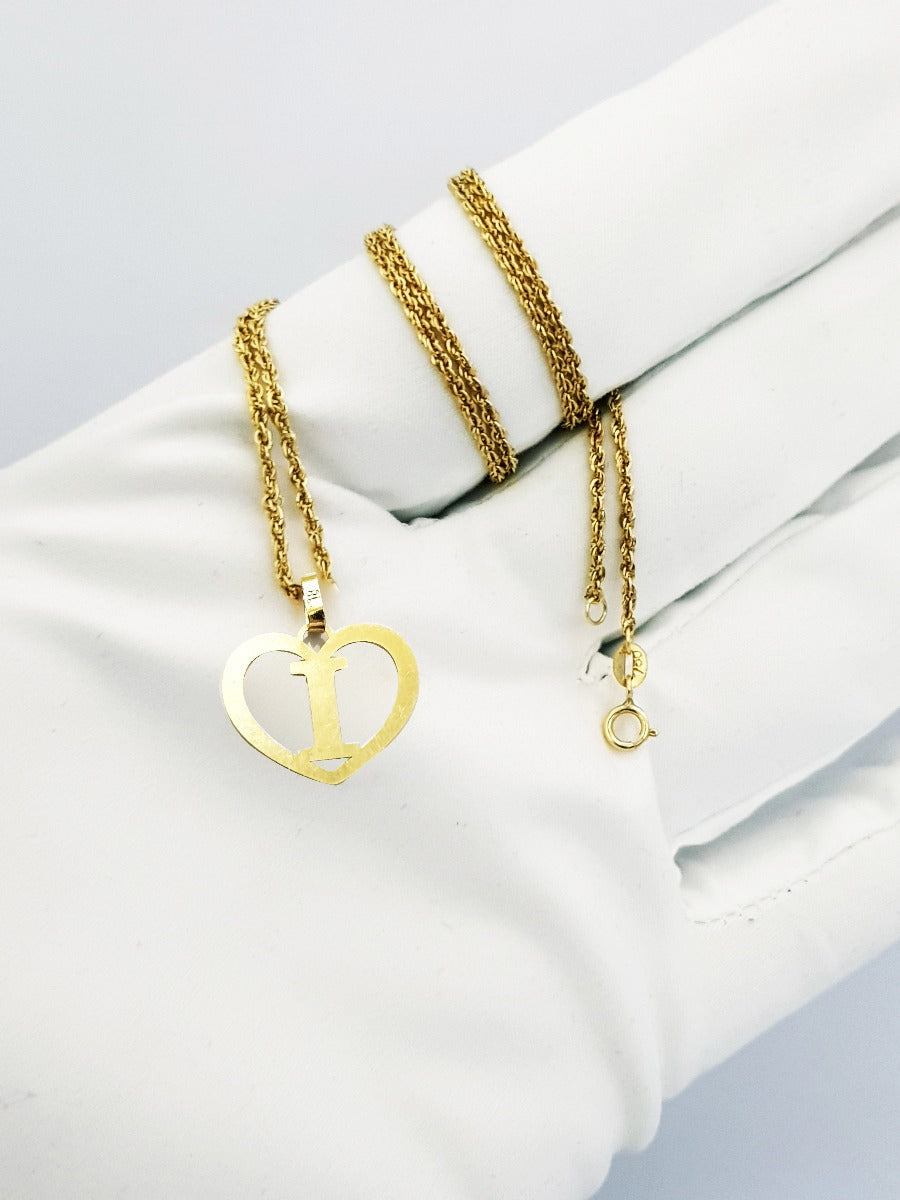 18K Pure Gold Heart Letter I Design Necklace