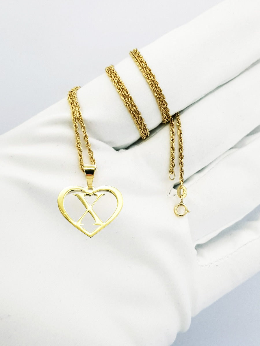 18K Pure Gold Heart Letter X Design Necklace