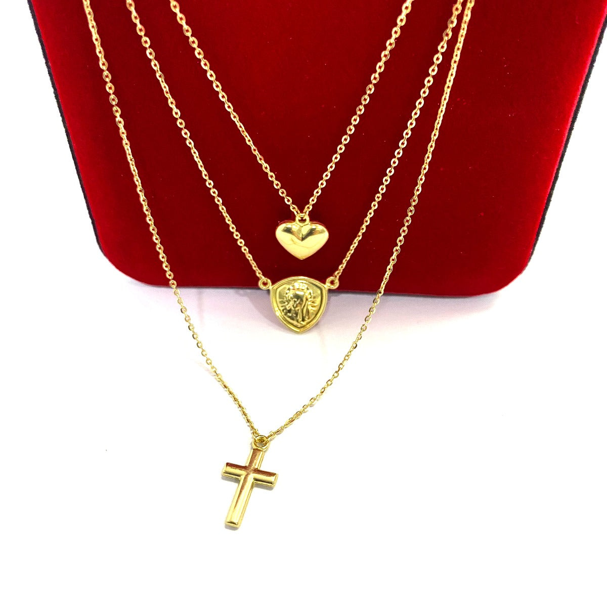 18K Pure Gold 3 Layer Charms Cross Heart Pendant Necklace